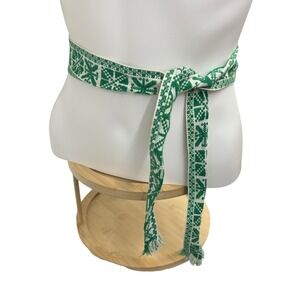 Folk Art Geometric Woven Sash Belt Green White Scandi Boho Skinny Scarf Retro